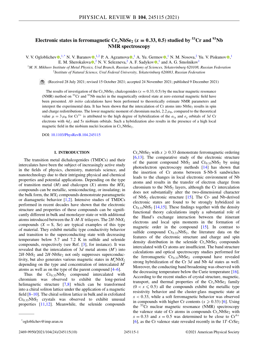 PDF) Electronic states in ferromagnetic Cr x Nb Se 2 ( x = 0.33 