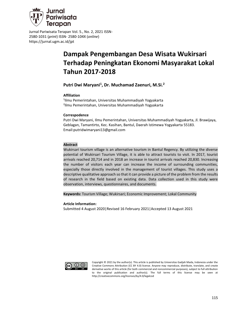 Pdf Dampak Pengembangan Desa Wisata Wukirsari Terhadap Peningkatan Ekonomi Masyarakat Lokal 1441