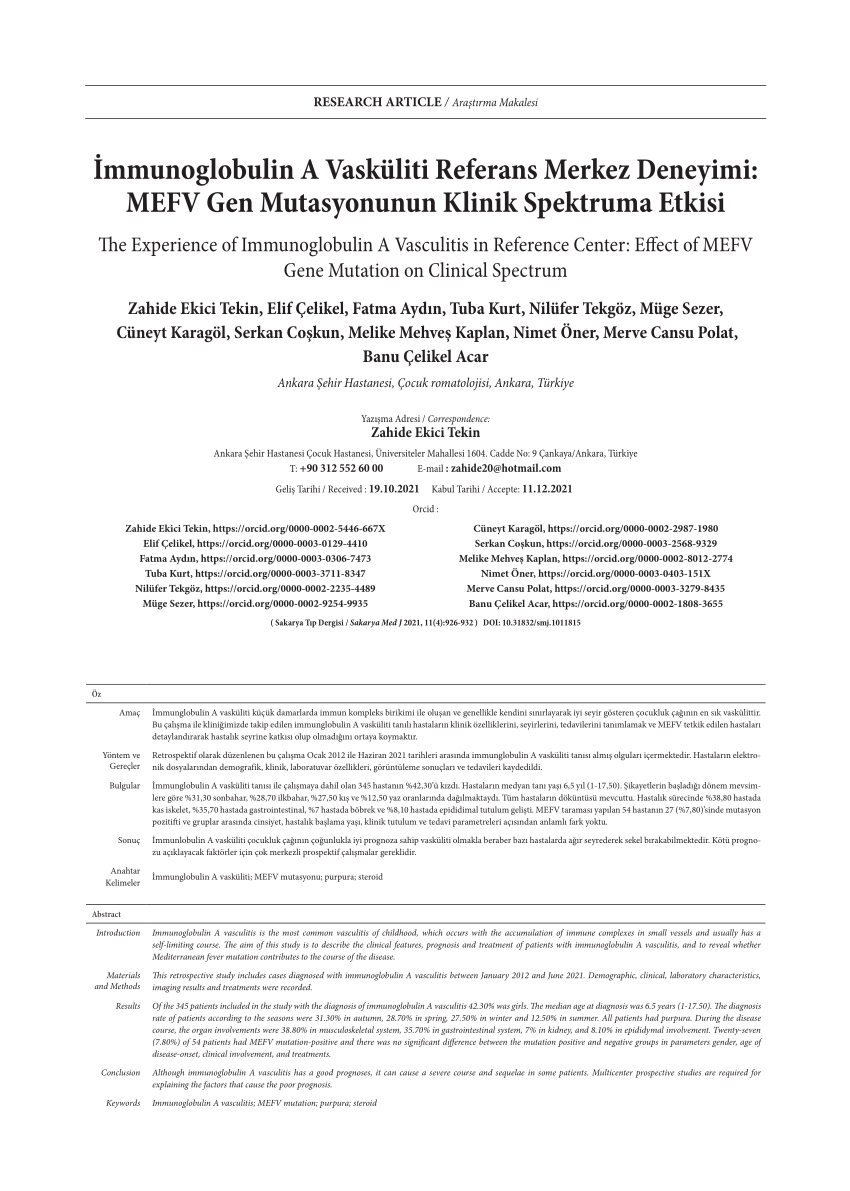 PDF İmmunoglobulin A Vasküliti Referans Merkez Deneyimi MEFV Gen  