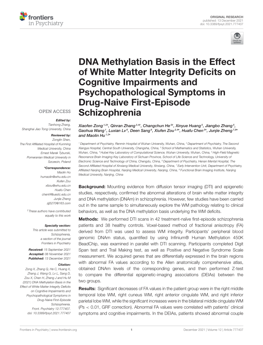 Pdf Dna Methylation Basis In The Effect Of White Matter Integrity Deficits On Cognitive