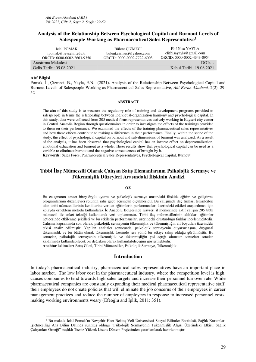 pdf analysis of the relationship between psychological capital and burnout levels of salespeople working as pharmaceutical sales representative