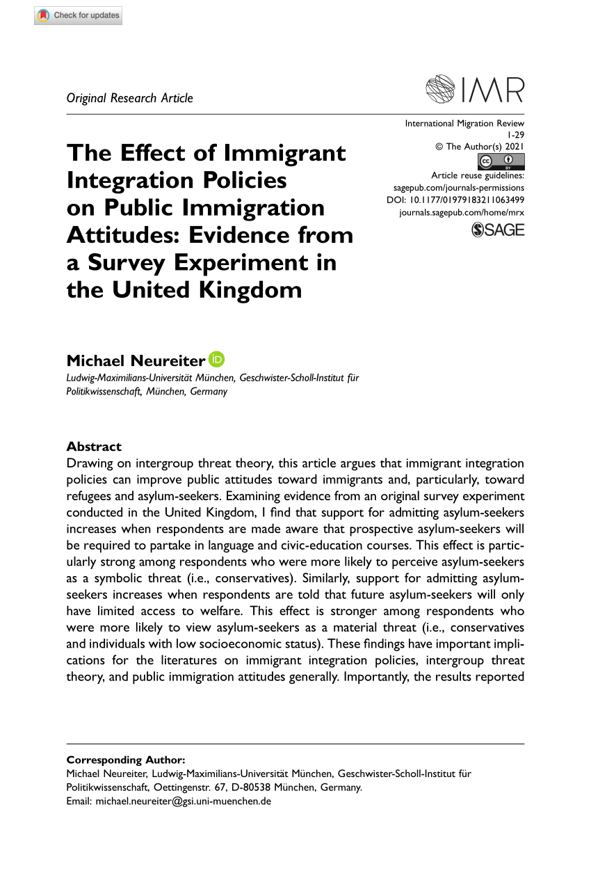 Pdf The Effect Of Immigrant Integration Policies On Public Immigration Attitudes Evidence 4366