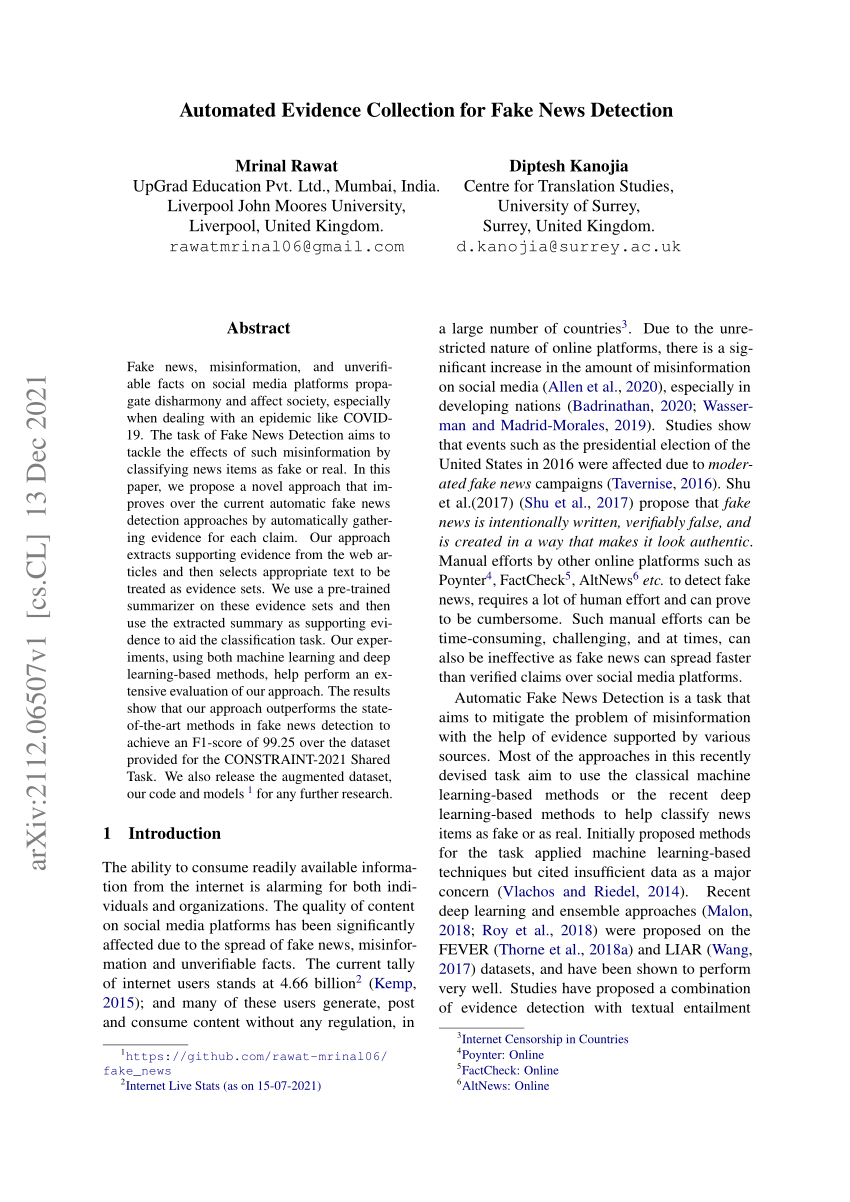 Pdf Automated Evidence Collection For Fake News Detection