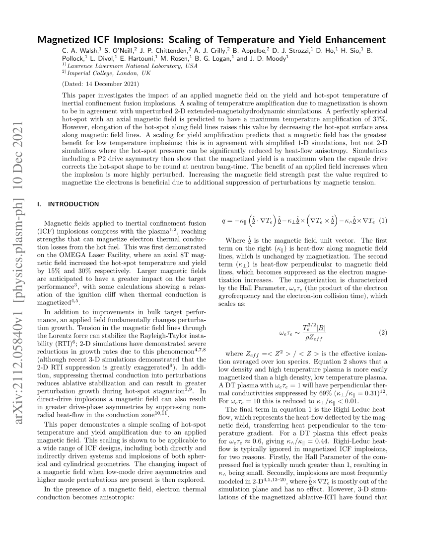 Pdf Magnetized Icf Implosions Scaling Of Temperature And Yield Enhancement