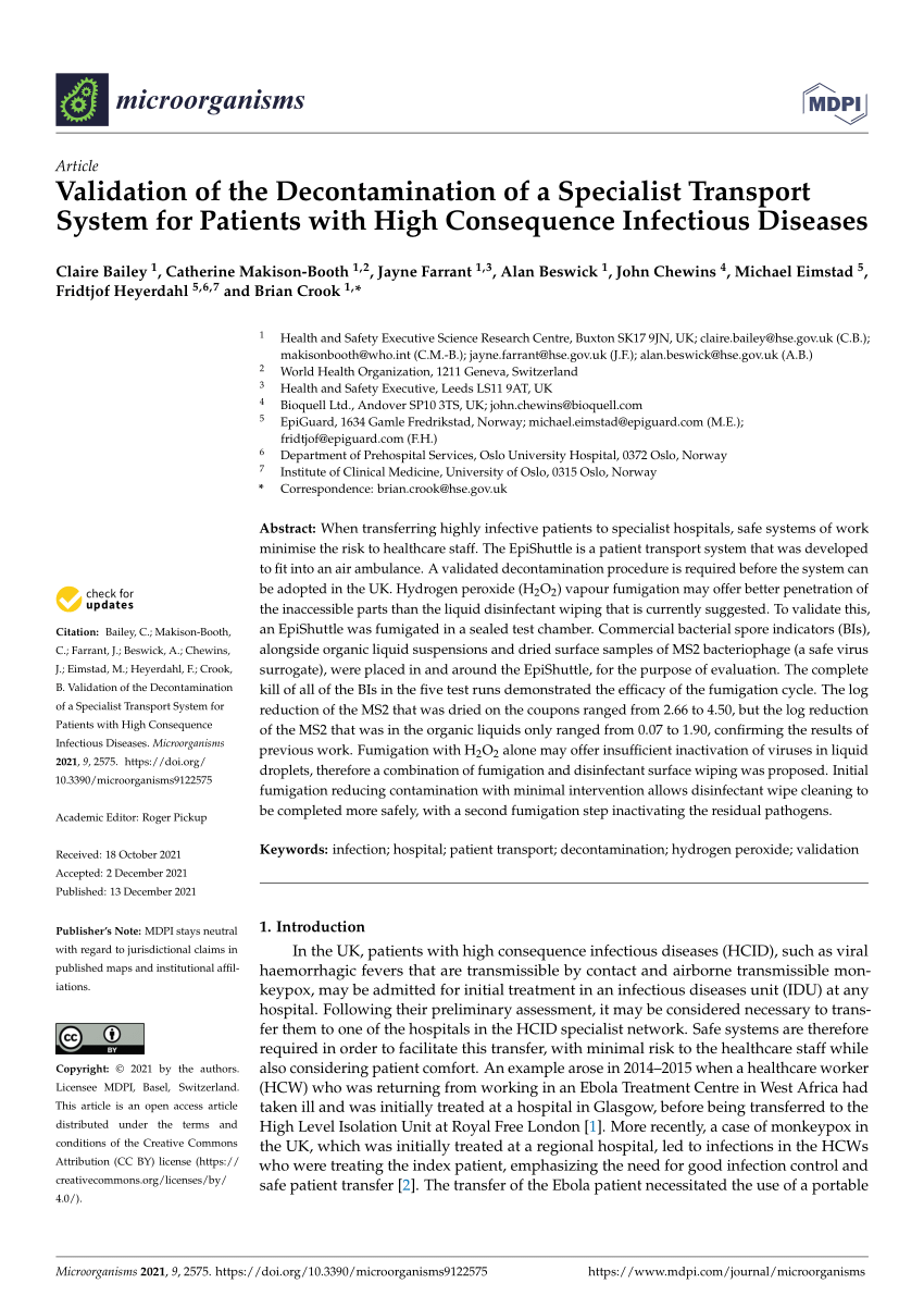PDF) Validation of the Decontamination of a Specialist Transport System for  Patients with High Consequence Infectious Diseases