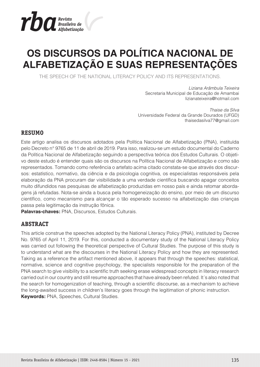 Pdf Os Discursos Da PolÍtica Nacional De AlfabetizaÇÃo E Suas RepresentaÇÕes 1673