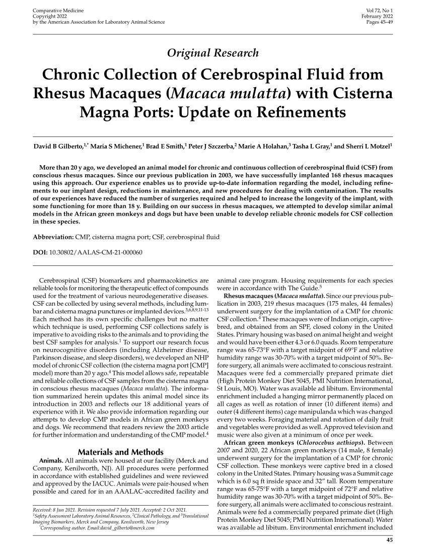 (PDF) Chronic Collection of Cerebrospinal Fluid from Rhesus Macaques ...
