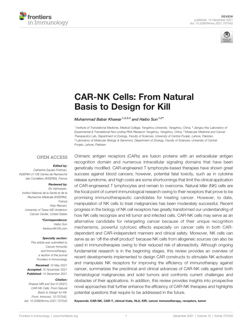 PDF CAR NK Cells From Natural Basis to Design for Kill