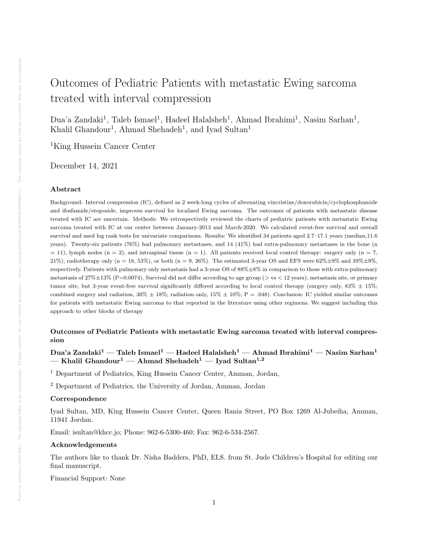 Pdf Outcomes Of Pediatric Patients With Metastatic Ewing Sarcoma Treated With Interval Compression