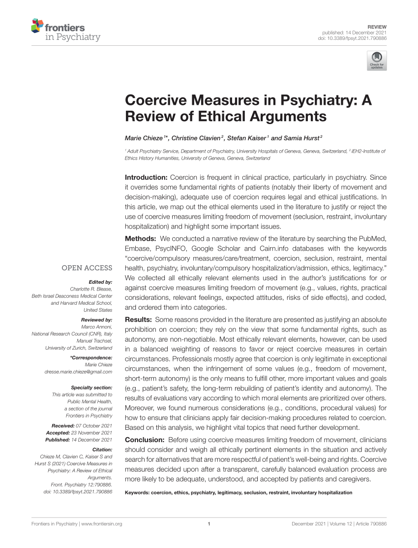 Pdf Coercive Measures In Psychiatry A Review Of Ethical Arguments
