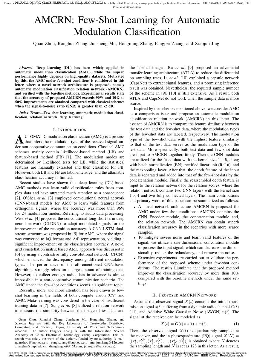 Pdf Amcrn Few Shot Learning For Automatic Modulation Classification