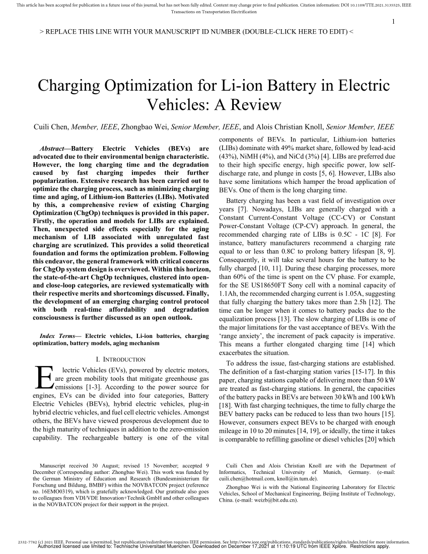 (PDF) Charging Optimization for LiIon Battery in Electric Vehicles A
