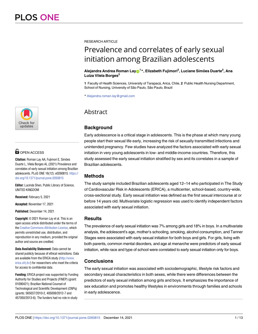 PDF) Prevalence and correlates of early sexual initiation among Brazilian  adolescents