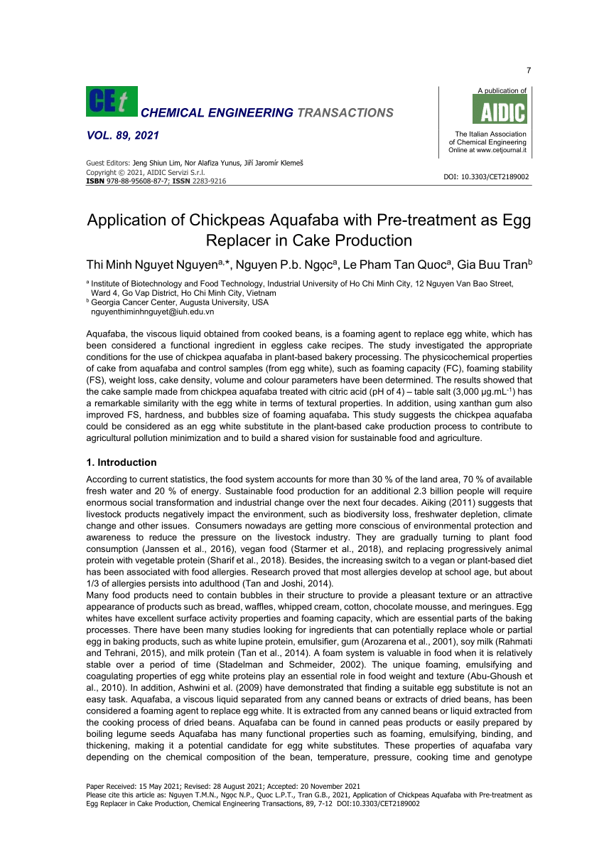 Pdf Application Of Chickpeas Aquafaba With Pre Treatment As Egg Replacer In Cake Production