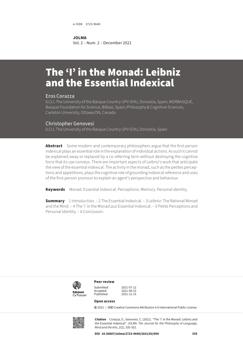 Pdf The I In The Monad Leibniz And The Essential Indexical