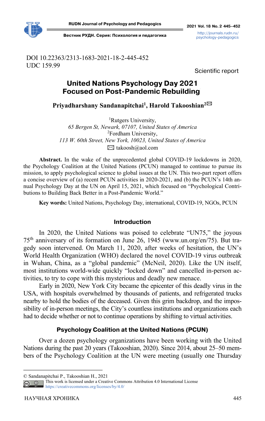 (PDF) United Nations Psychology Day 2021 Focused on Post-Pandemic ...