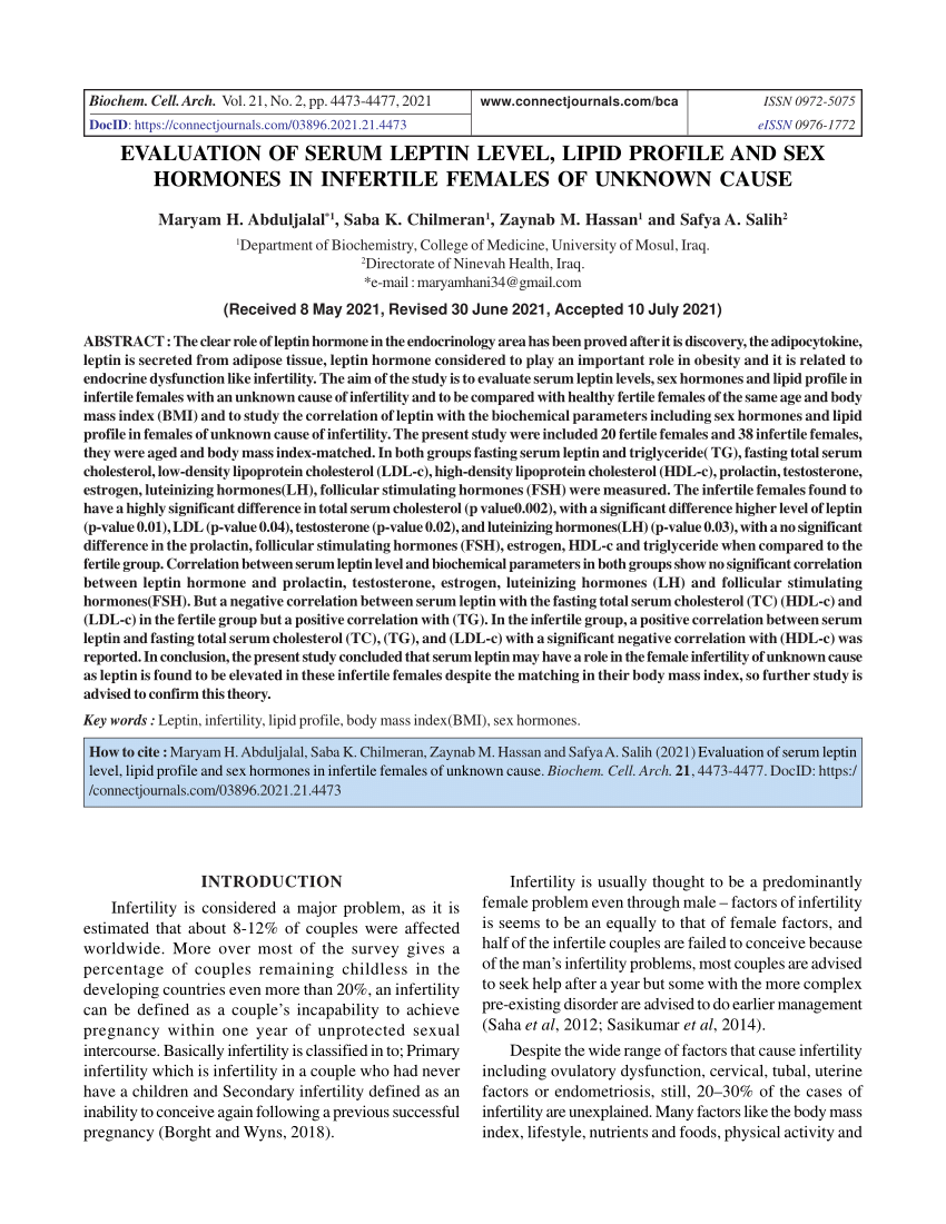 Pdf Evaluation Of Serum Leptin Level Lipid Profile And Sex Hormones In Infertile Females Of 3681