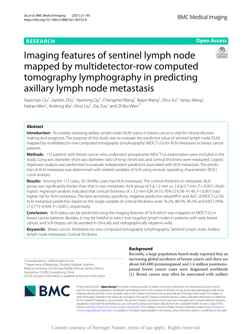 Pdf Imaging Features Of Sentinel Lymph Node Mapped By Multidetector Row Computed Tomography 