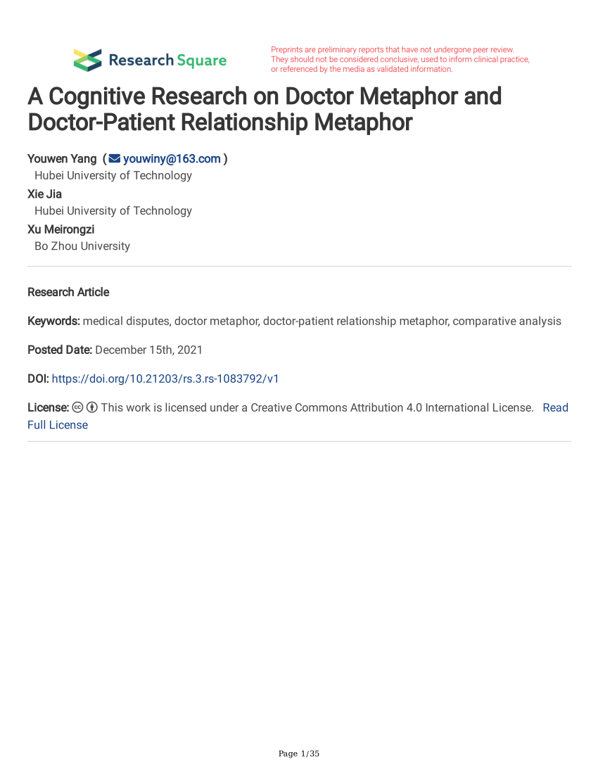 PDF) A Cognitive Research on Doctor Metaphor and Doctor-Patient