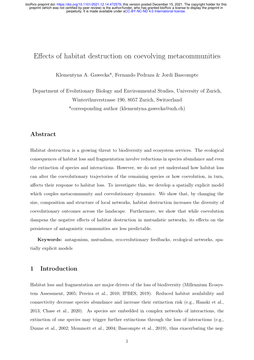 (PDF) Effects of habitat destruction on coevolving metacommunities