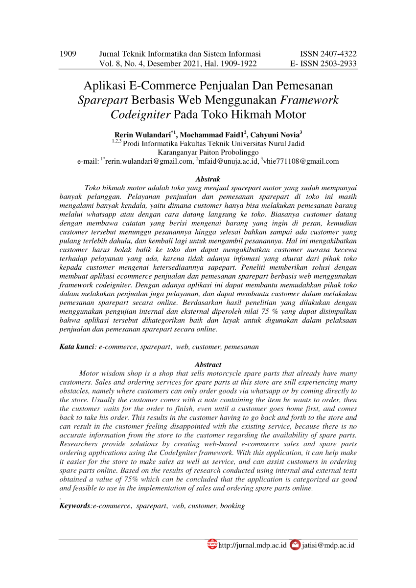 Pdf Aplikasi E Commerce Penjualan Dan Pemesanan Sparepart Berbasis Web Menggunakan Framework 7673