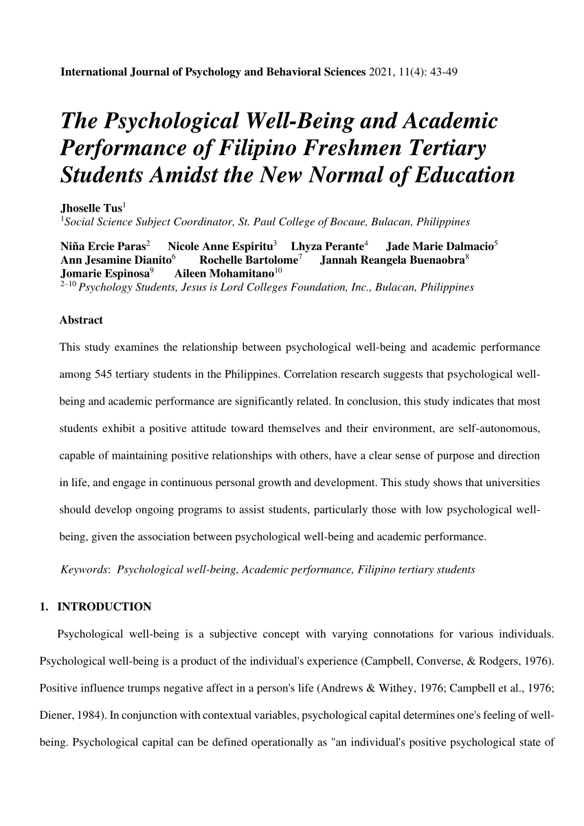 Pdf The Psychological Well Being And Academic Performance Of Filipino