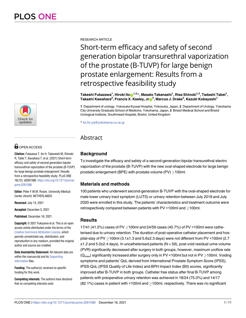 Pdf Short Term Efficacy And Safety Of Second Generation Bipolar Transurethral Vaporization Of 