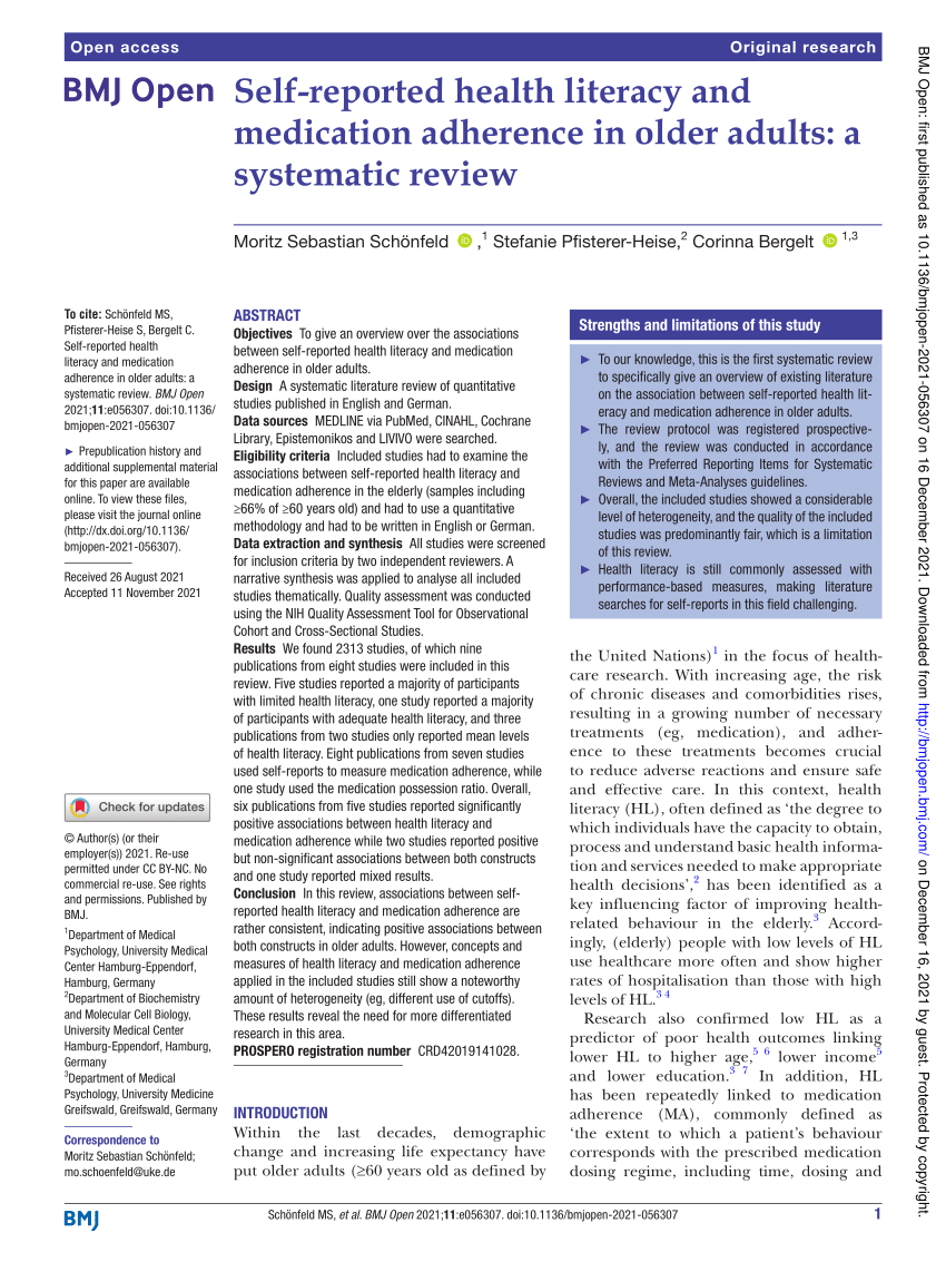 PDF) Self-reported health literacy and medication adherence in older  adults: A systematic review