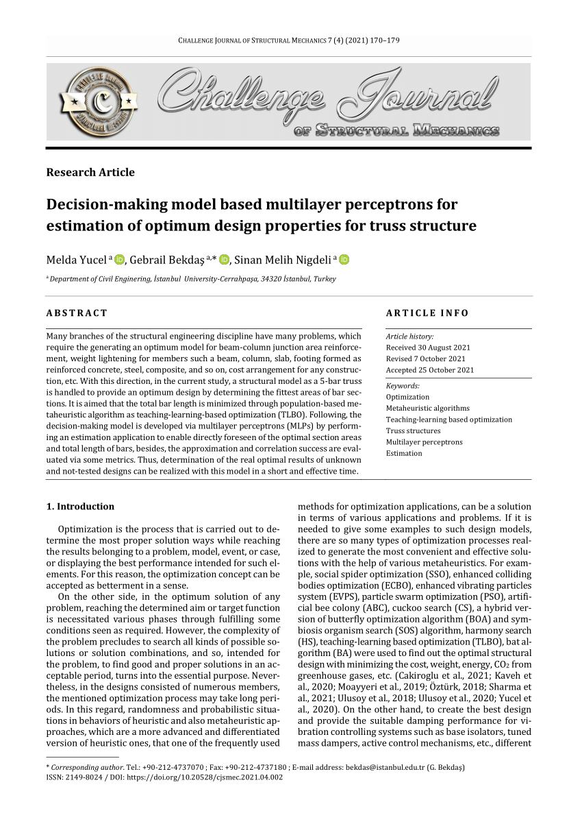 pdf decision making model based multilayer perceptrons for estimation of optimum design properties for truss structure