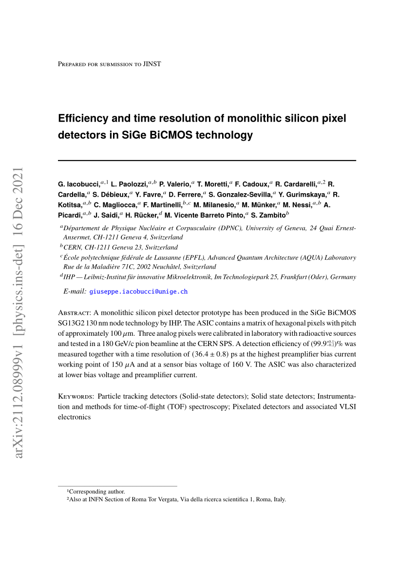 Pdf Efficiency And Time Resolution Of Monolithic Silicon Pixel Detectors In Sige Bicmos Technology 