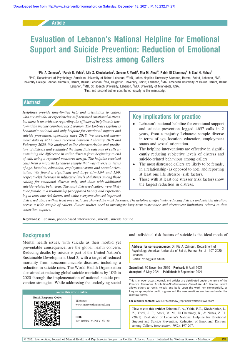 PDF Evaluation of Lebanon s National Helpline for Emotional  