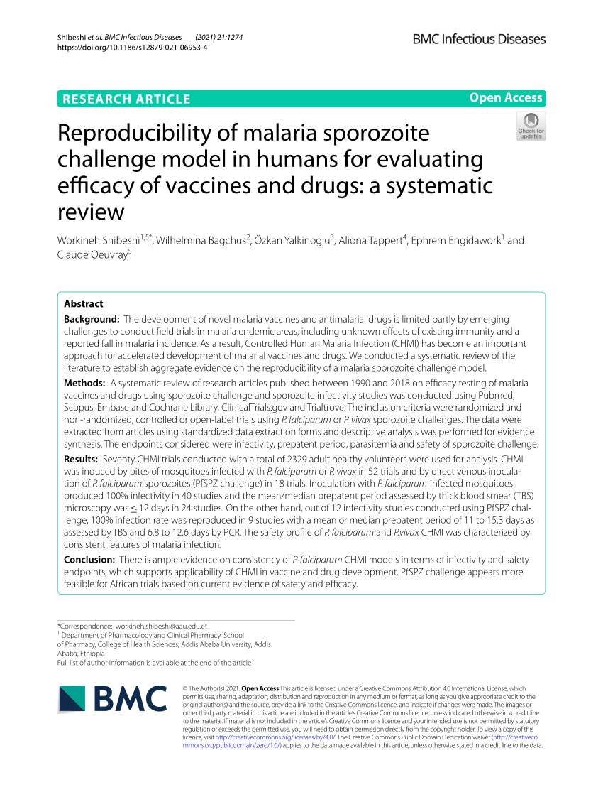 PDF) Reproducibility of malaria sporozoite challenge model in humans for  evaluating efficacy of vaccines and drugs: A systematic review