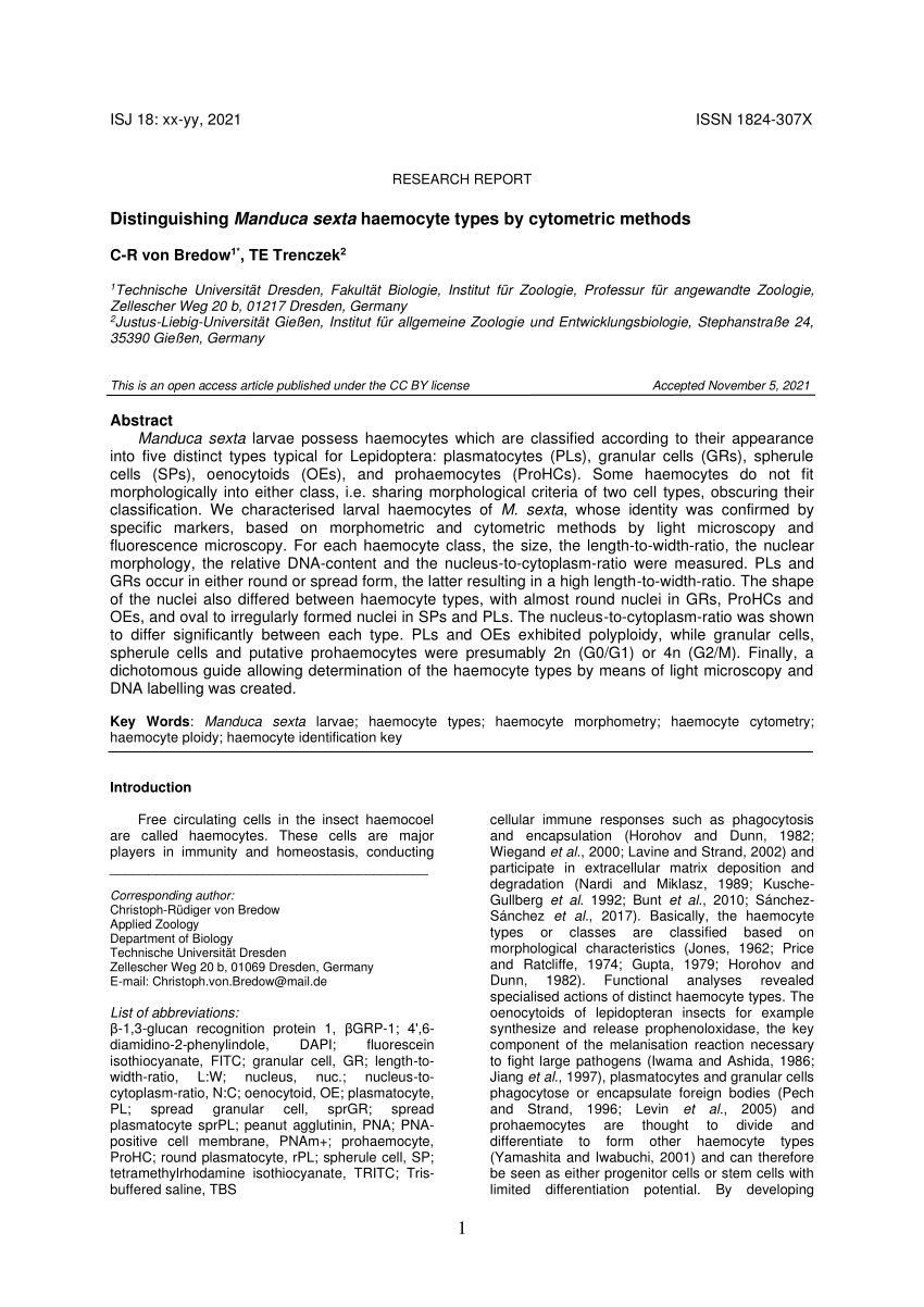 Pdf Distinguishing Manduca Sexta Haemocyte Types By Cytometric Methods 