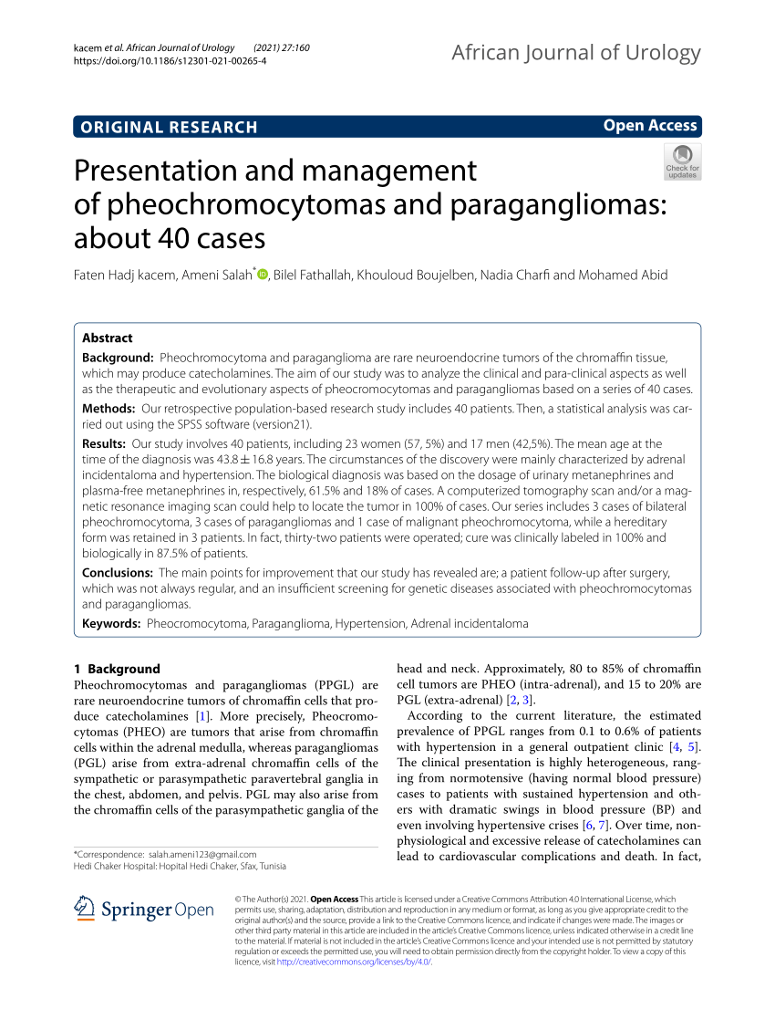 Pdf Presentation And Management Of Pheochromocytomas And Paragangliomas About 40 Cases 3687