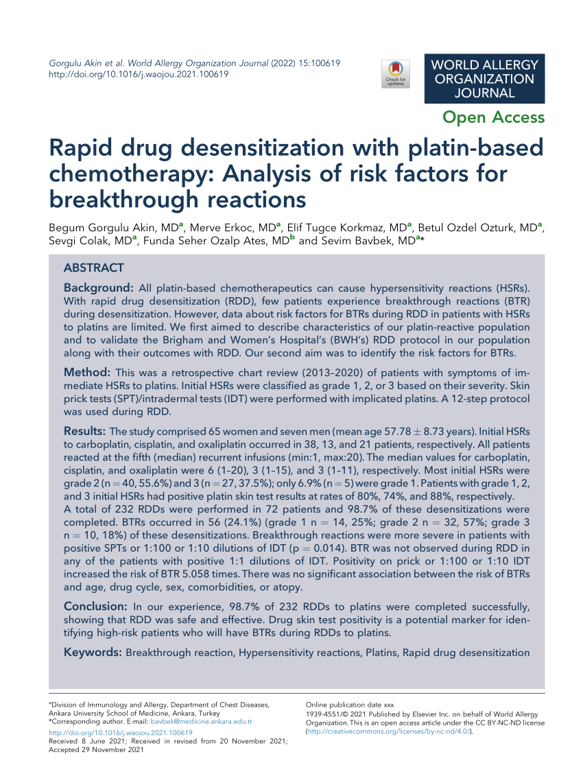 PDF) Rapid drug desensitization with platin-based chemotherapy: Analysis of  risk factors for breakthrough reactions