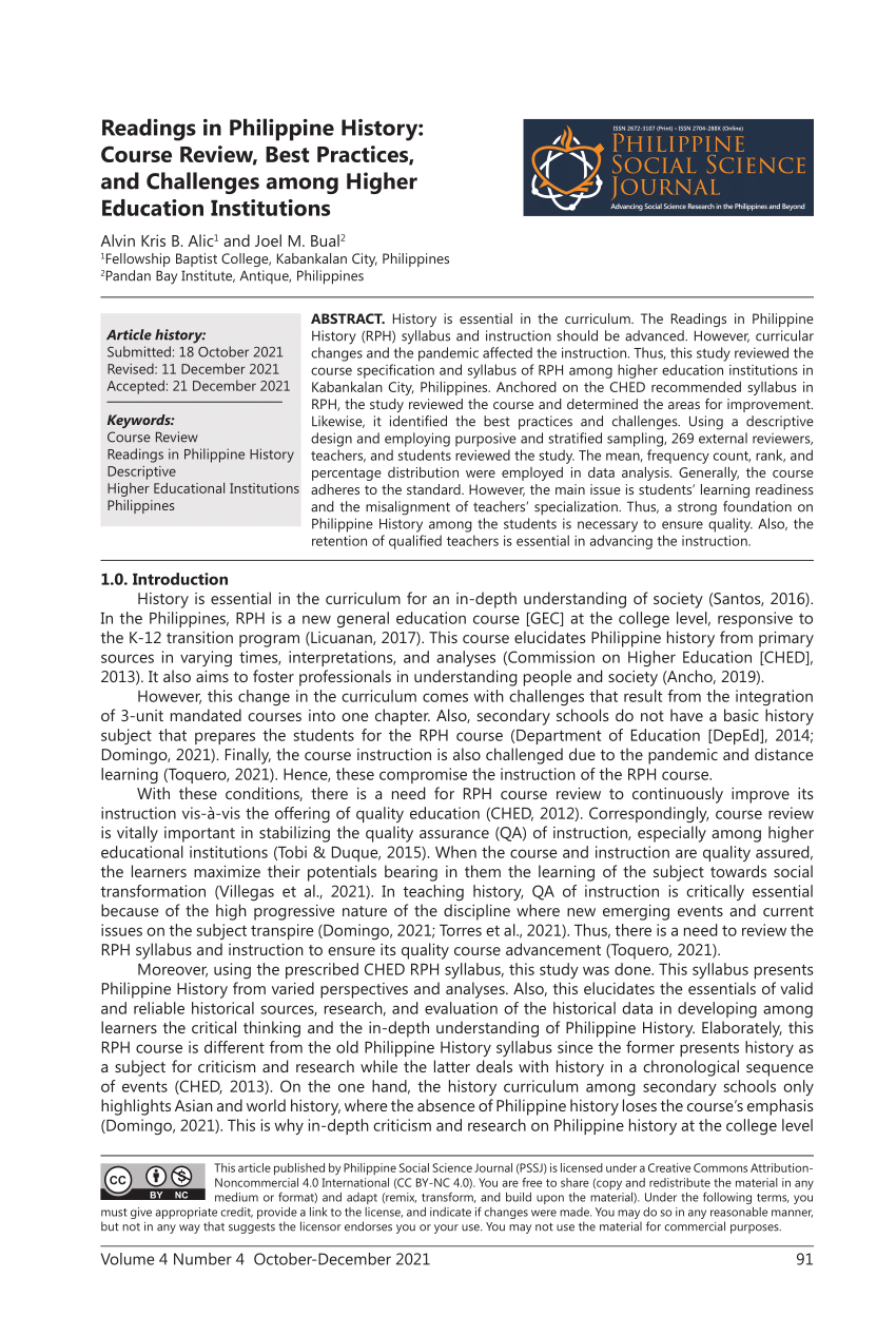 pdf readings in philippine history course review best practices and challenges among higher education institutions