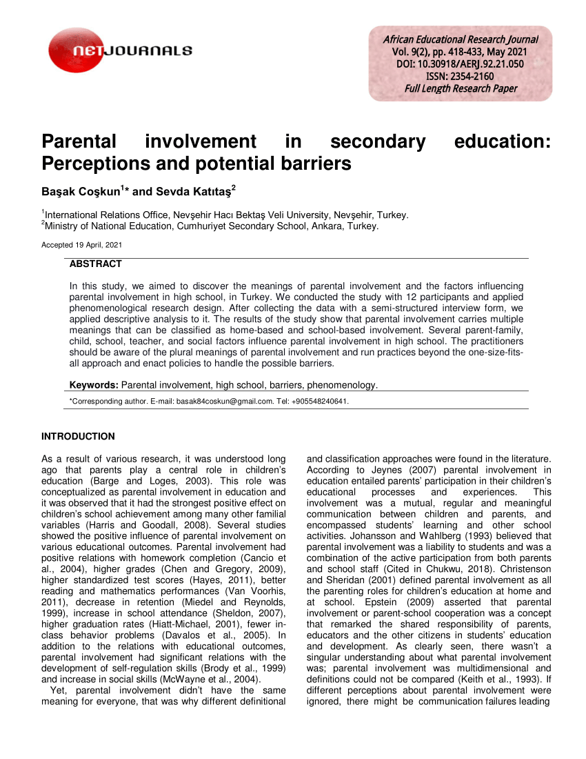 peer reviewed articles parental involvement education