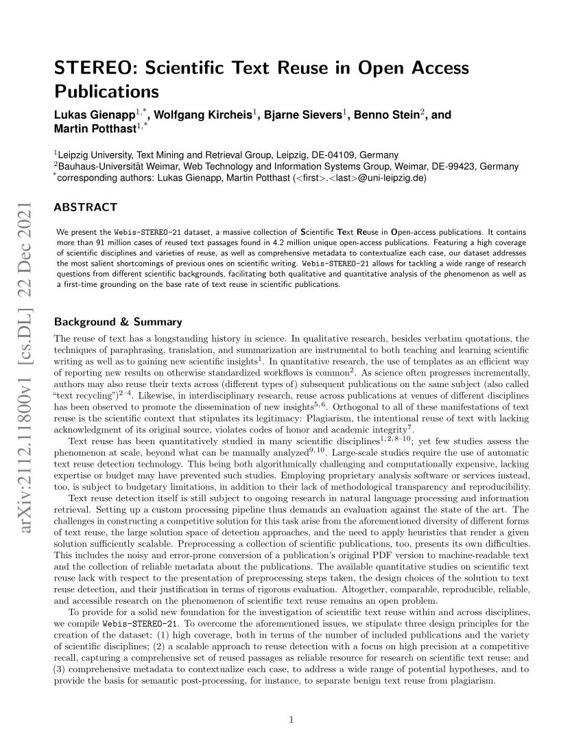 Pdf Stereo Scientific Text Reuse In Open Access Publications