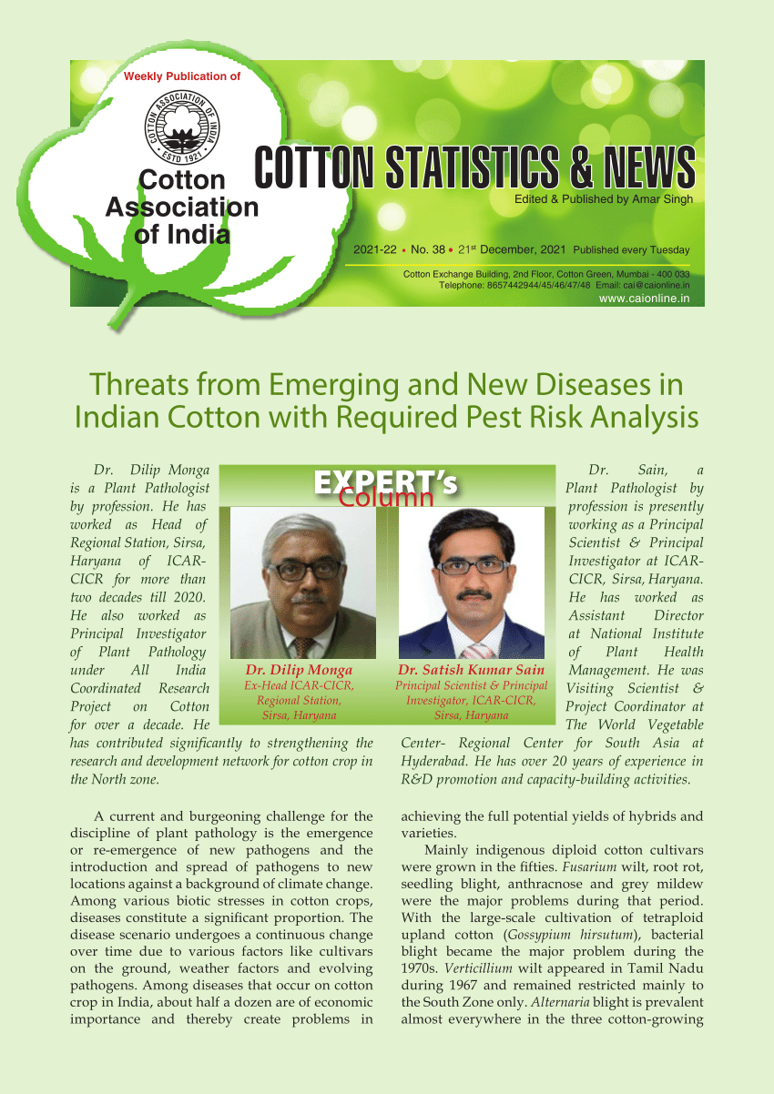 PDF) Cotton Association of India Threats from Emerging and New Diseases in Indian  Cotton with Required Pest Risk Analysis