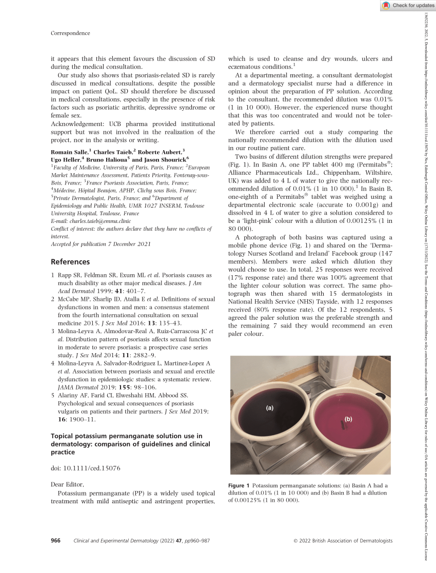 Topical potassium permanganate solution use in dermatology