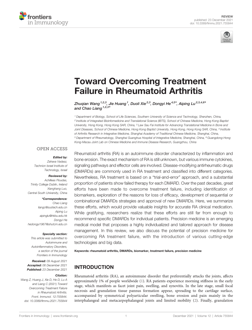 PDF) Toward Overcoming Treatment Failure in Rheumatoid Arthritis