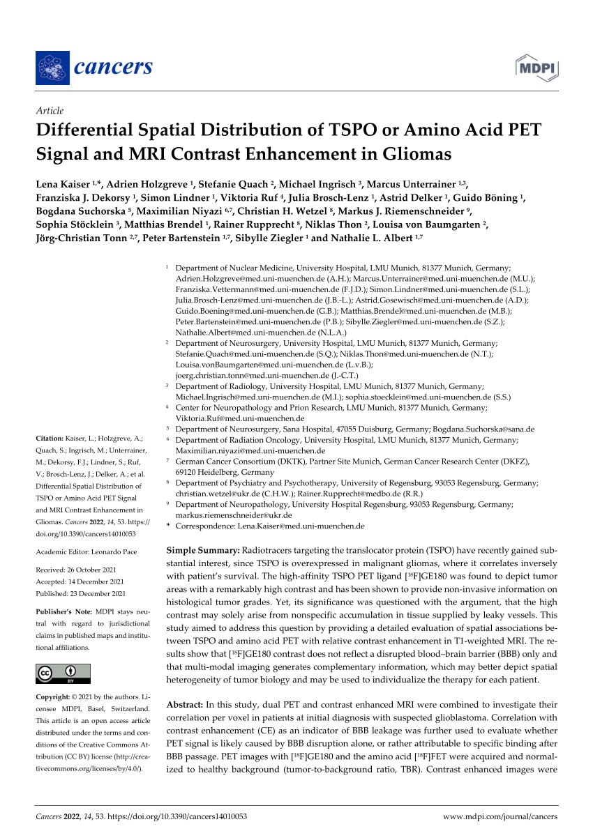 PDF) Differential Spatial Distribution of TSPO or Acid PET Signal and Contrast Enhancement in Gliomas