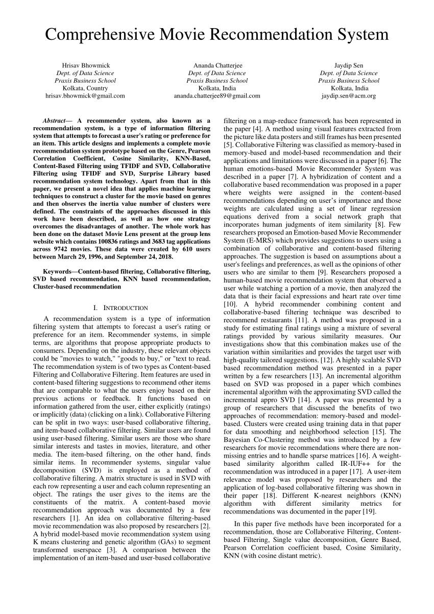 movie recommendation system research paper ieee