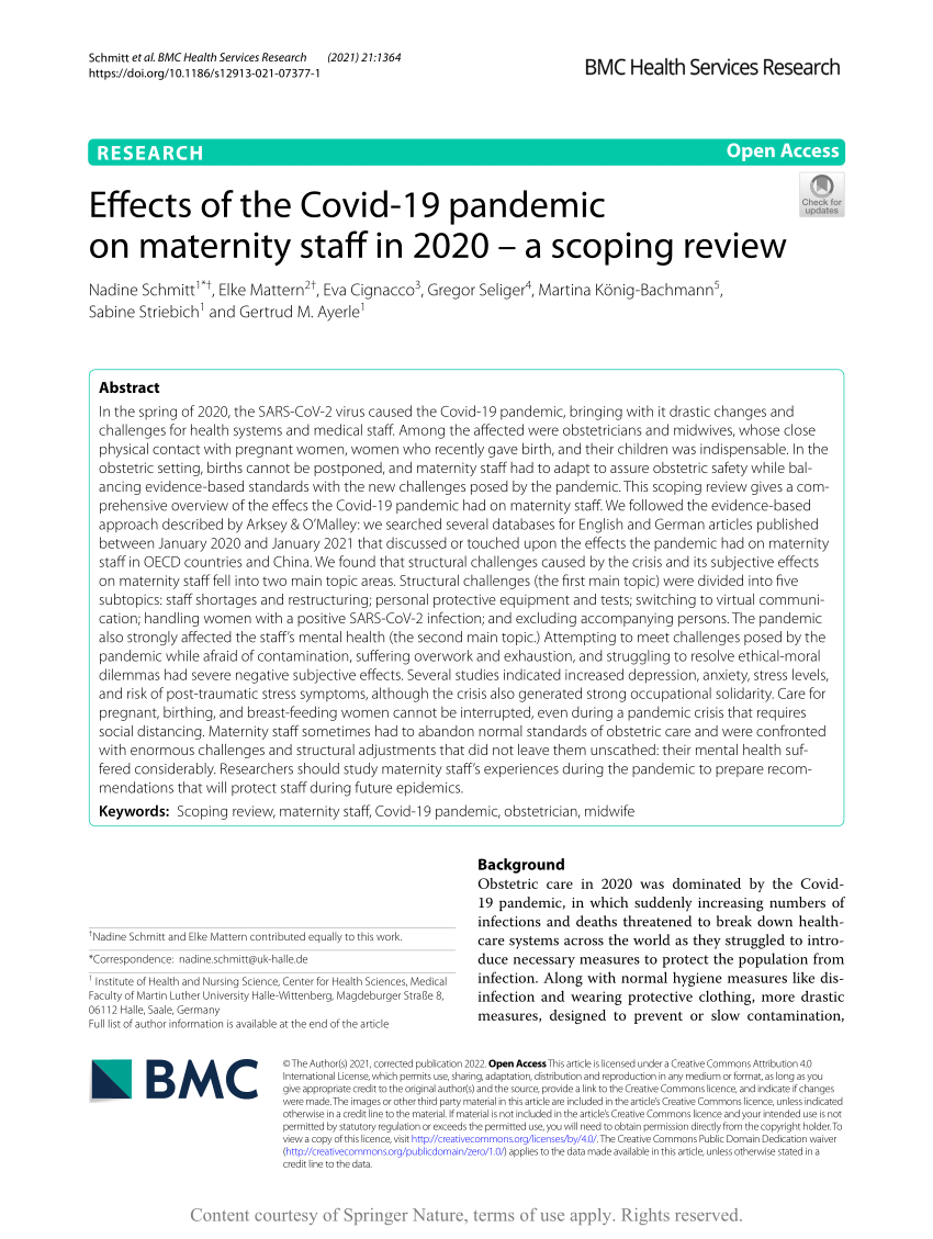 PDF) Effects of the Covid-19 pandemic on maternity staff in 2020 – a  scoping review