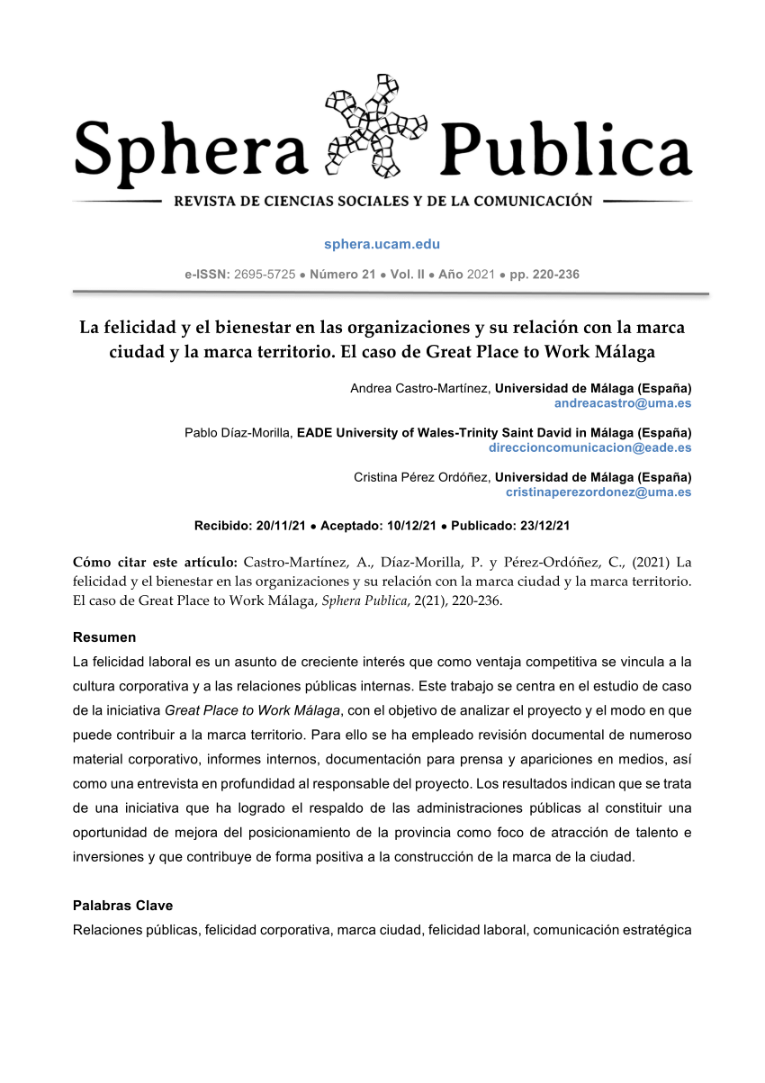 Pdf La Felicidad Y El Bienestar En Las Organizaciones Y Su Relación Con La Marca Ciudad Y La 9310
