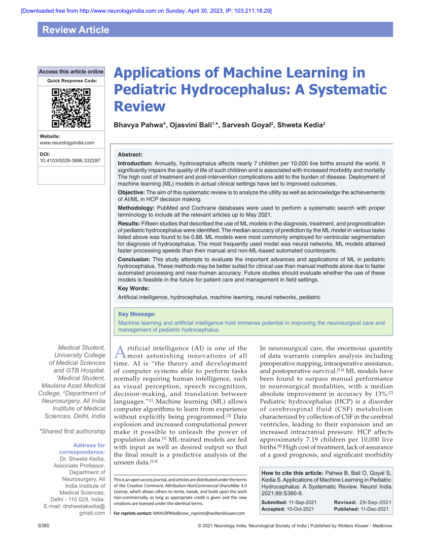 Pdf Applications Of Machine Learning In Pediatric Hydrocephalus A Systematic Review 5041