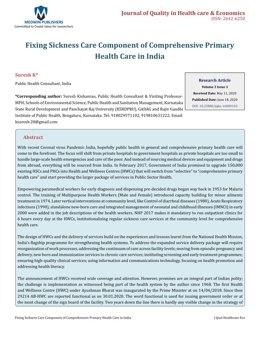 PDF) Fixing Sickness Care Component of Comprehensive Primary Health Care in India