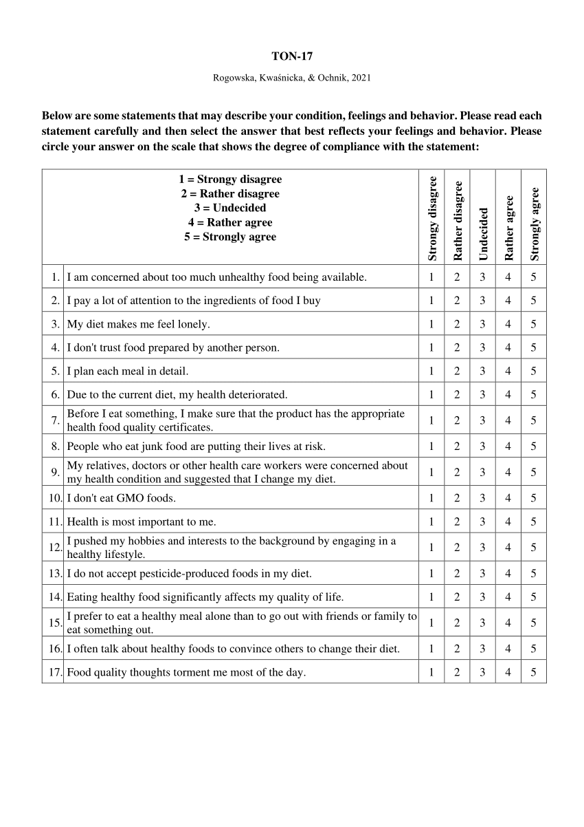 (PDF) Test of Orthorexia Nervosa (TON-17)