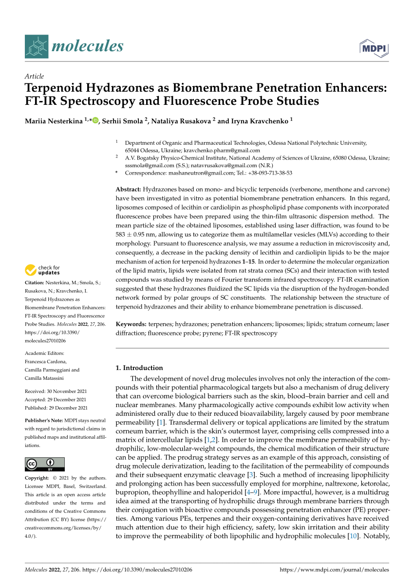 PDF) Terpenoid Hydrazones as Biomembrane Penetration Enhancers: FT