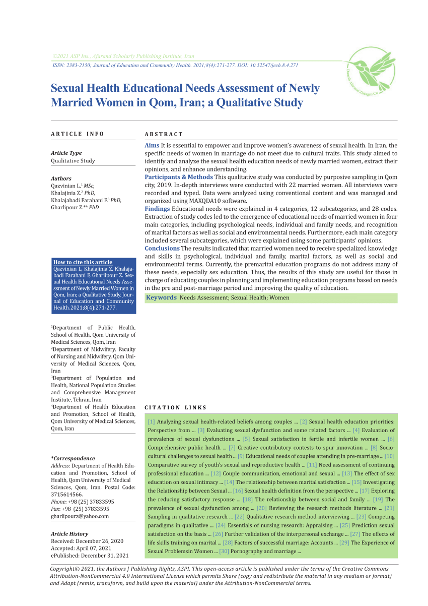 PDF) Sexual Health Educational Needs Assessment of Newly Married Women in Qom, Iran; a Qualitative Study